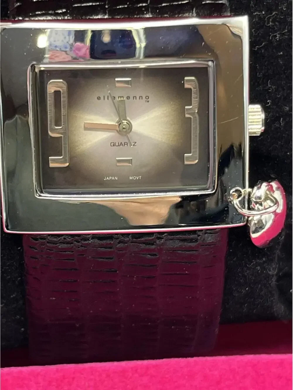 ellemenno watch womens black band silvercase with small heart charm working NWOT
